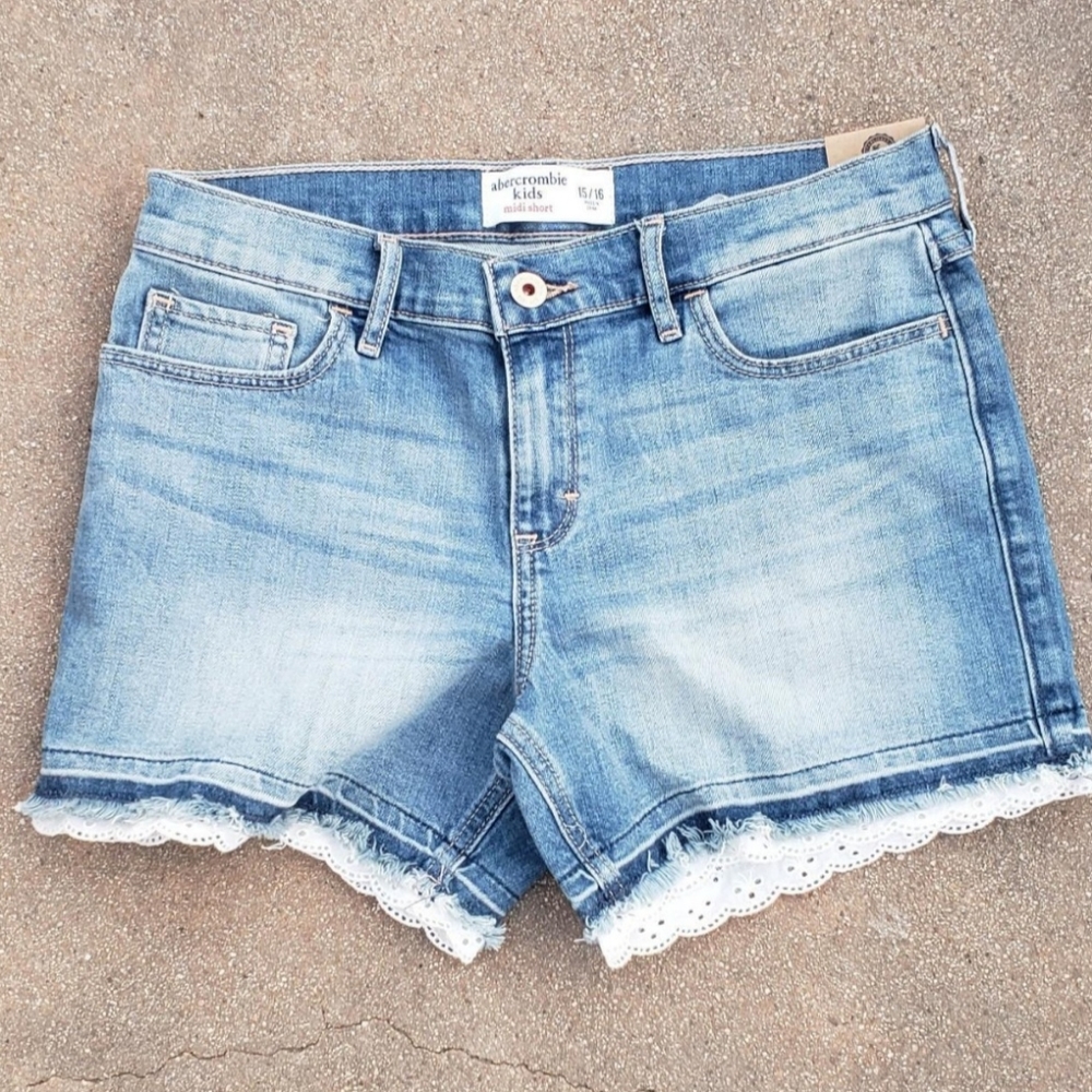 Abercrombie & Fitch Midi Denim Shorts with Eyelet Trim